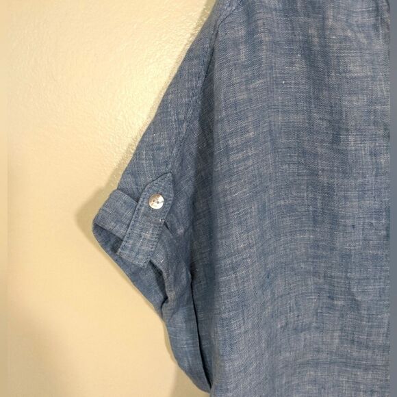 Isaac Mizrahi New York Top Blue 100% Linen V-Neck Oversized Lagenlook Small - Picture 5 of 8